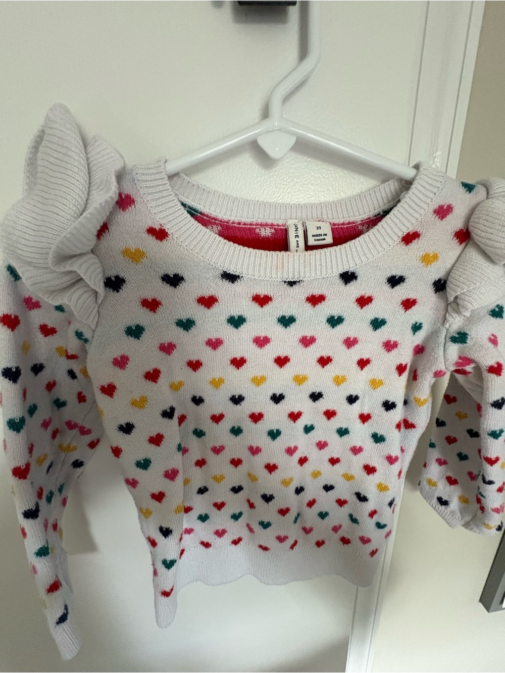 Girls' White Heart-Print Ruffle Shoulder Sweater